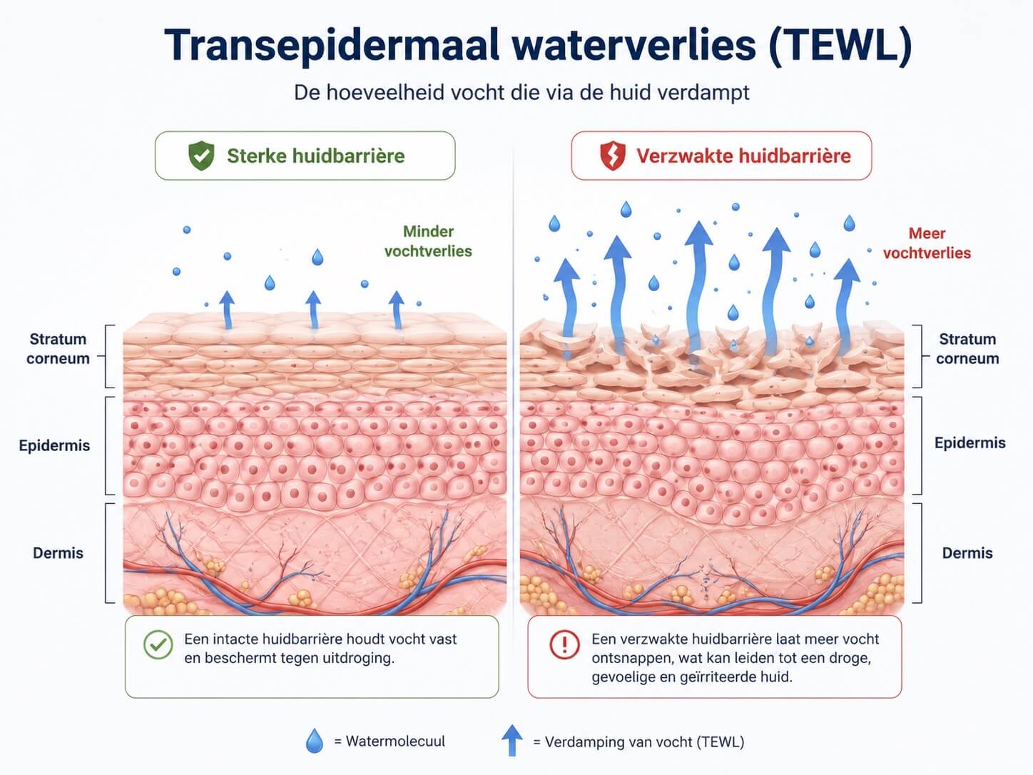 Infographic: transepidermaal waterverlies (TEWL) bij een sterke versus verzwakte huidbarrière